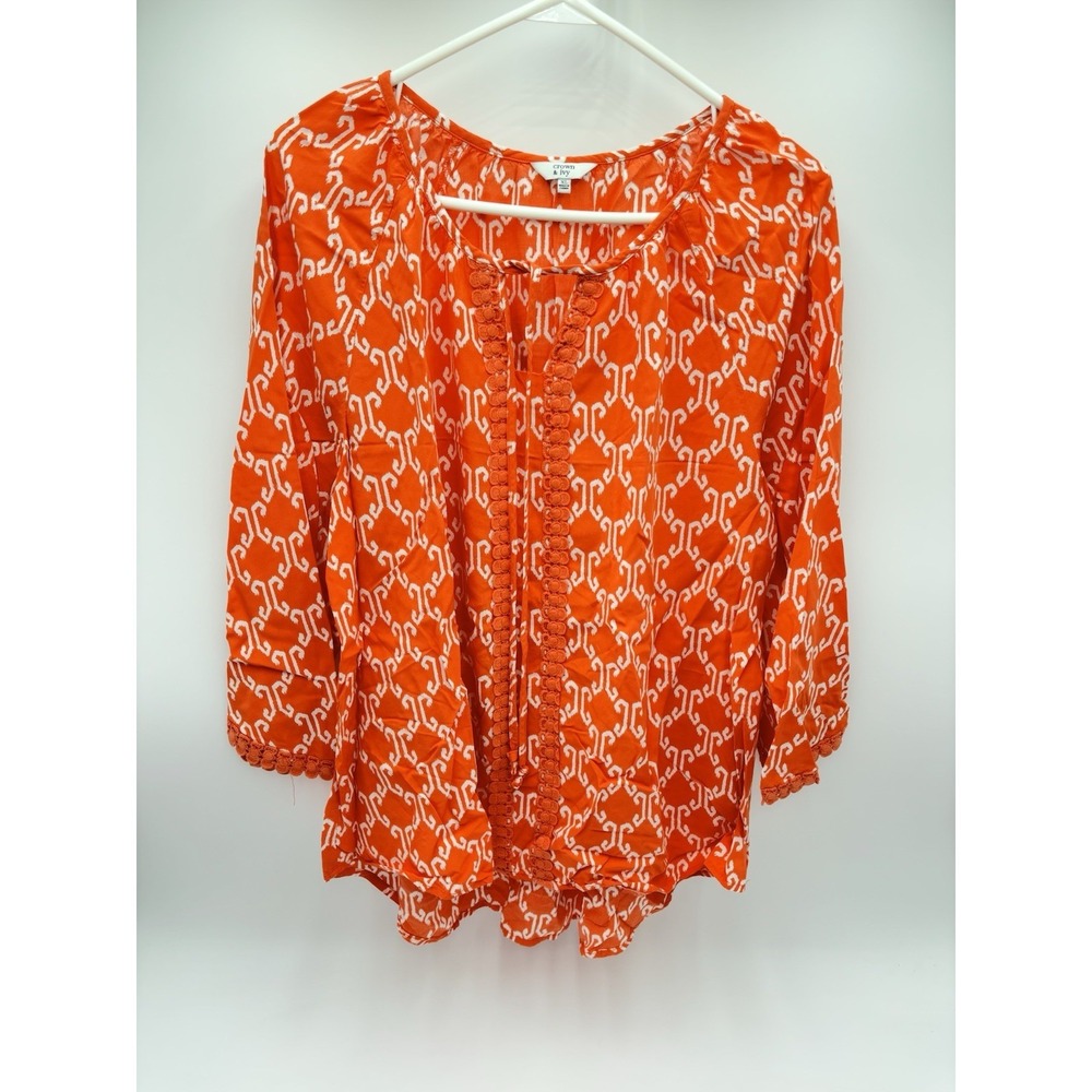 Crown & Ivy Womens XL Orange White Boho Peasant Blouse Tassel Tie 3/4 Sleeve - Picture 2 of 7